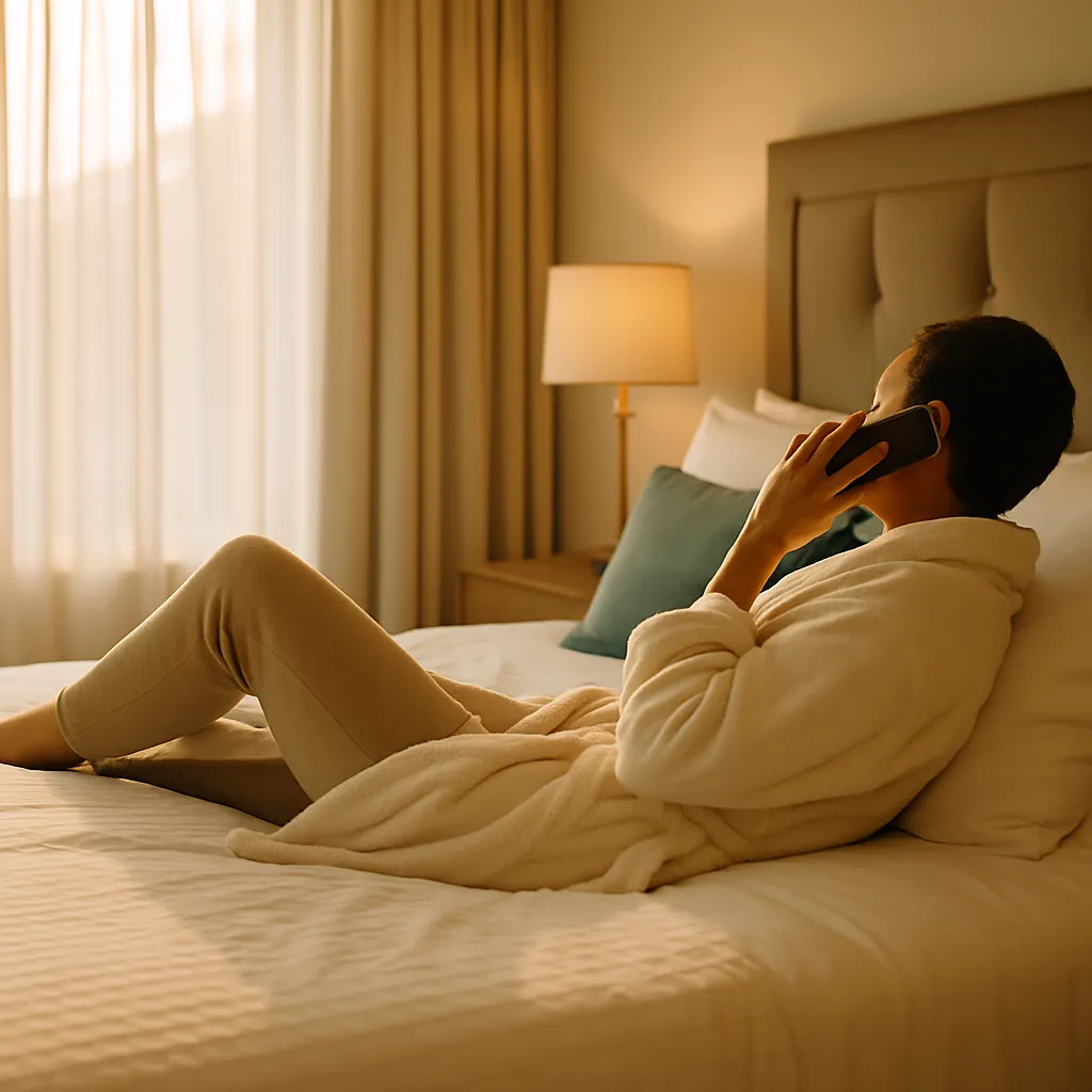 Guest relaxing on hotel bed